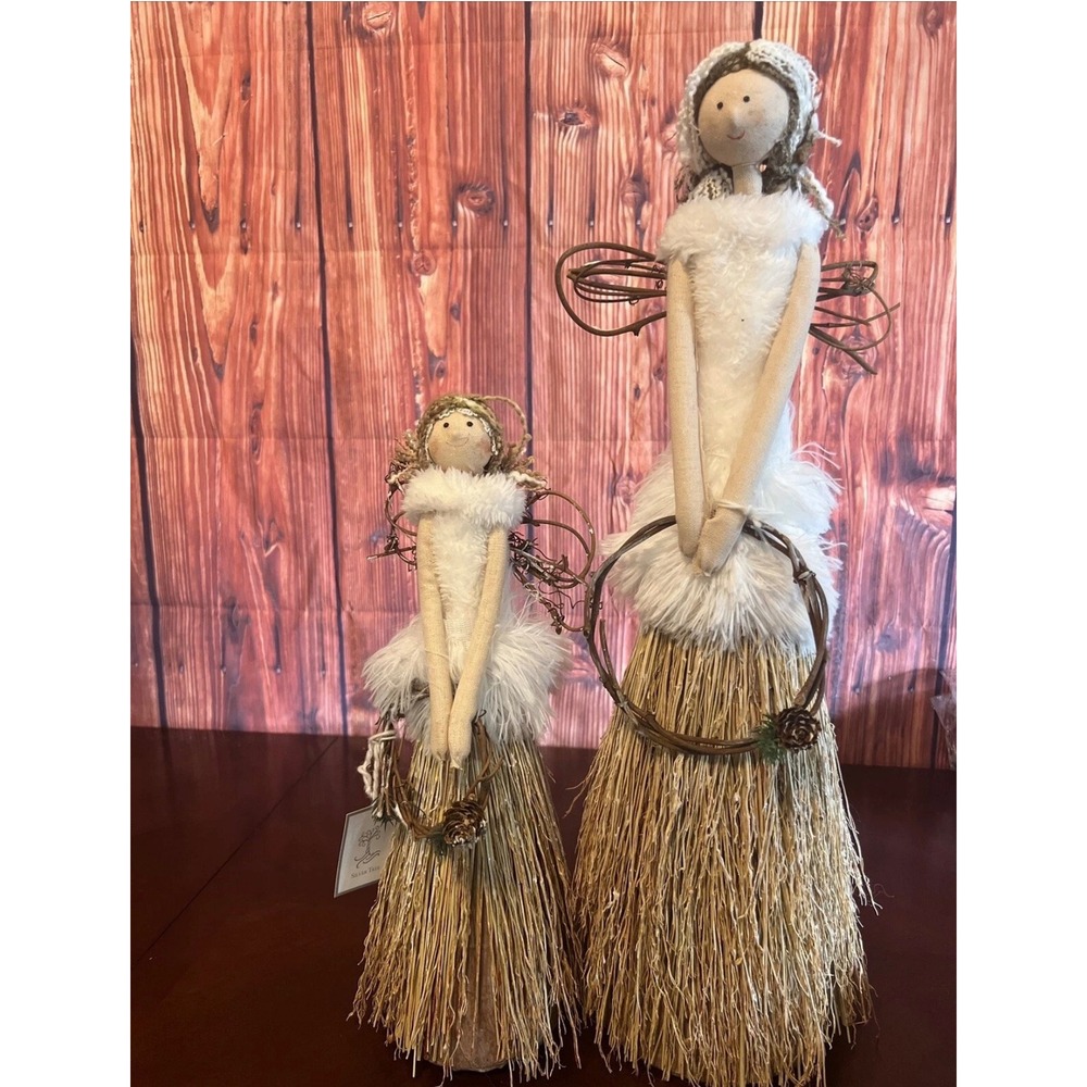 Rustic Angel Figurine Set of 2 Straw Faux Fur Twig Christmas Decor